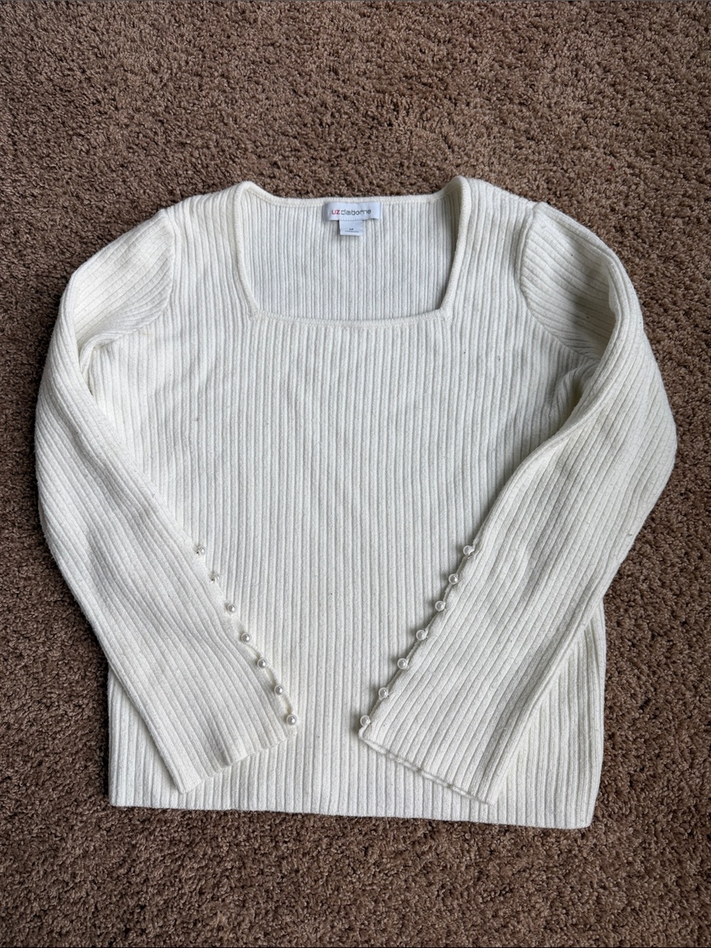 Liz Claiborne Ivory Ribbed Square-Neck Sweater with Pearl Sleeve Buttons Size M